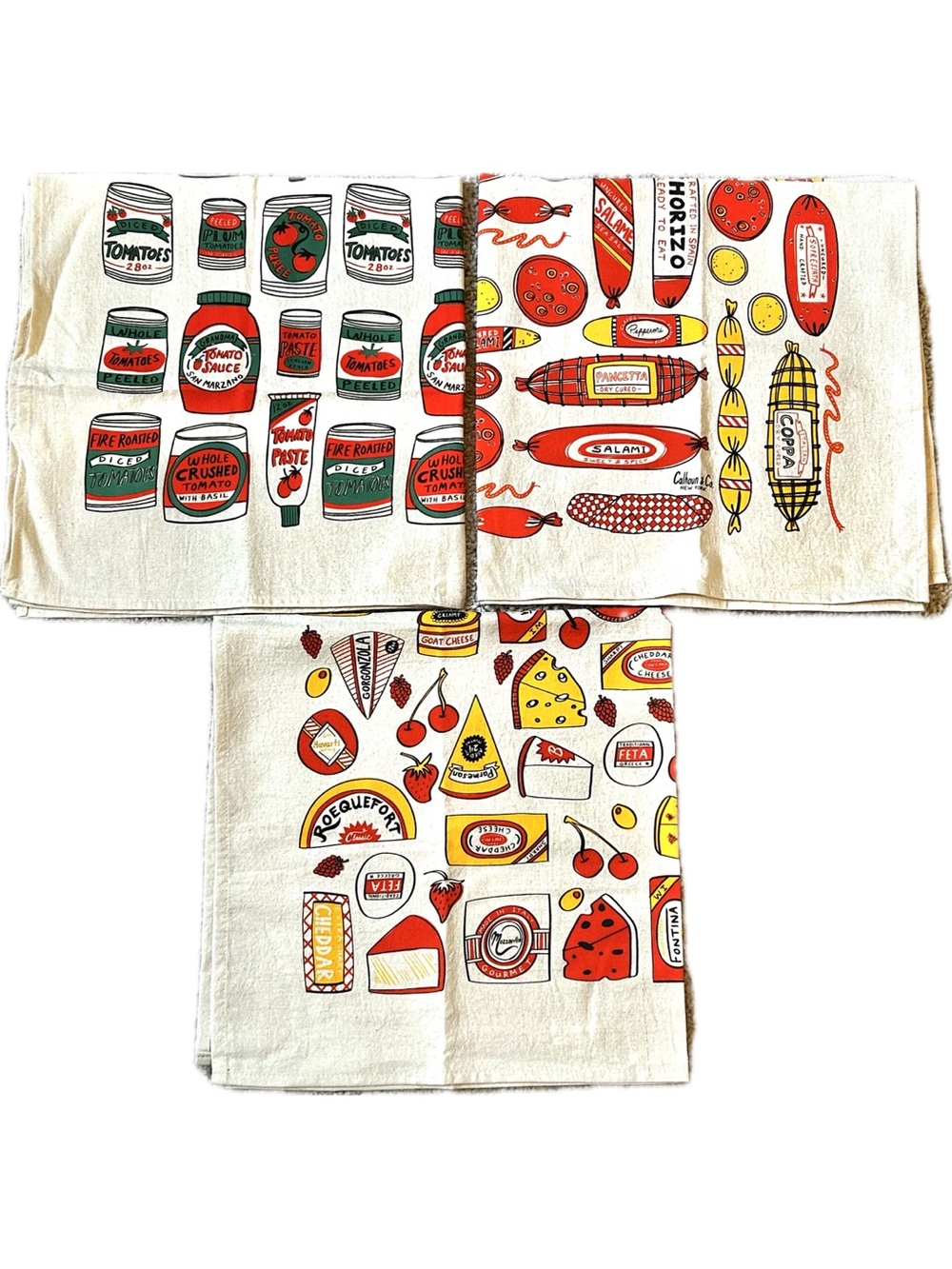 Calhoun & Co. Three Screen Print Tea Towels Cheese & Meat Shop Canned Tomato